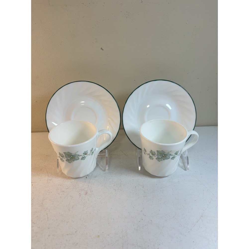 Corelle CALLAWAY IVY Swirl Coffee Mug Tea Cups and Saucers VINTAGE 2 Sets